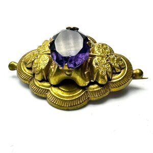 Victorian 1870s Gilt Brass Amethyst Brooch—Dimensional Leaf Design — GUC